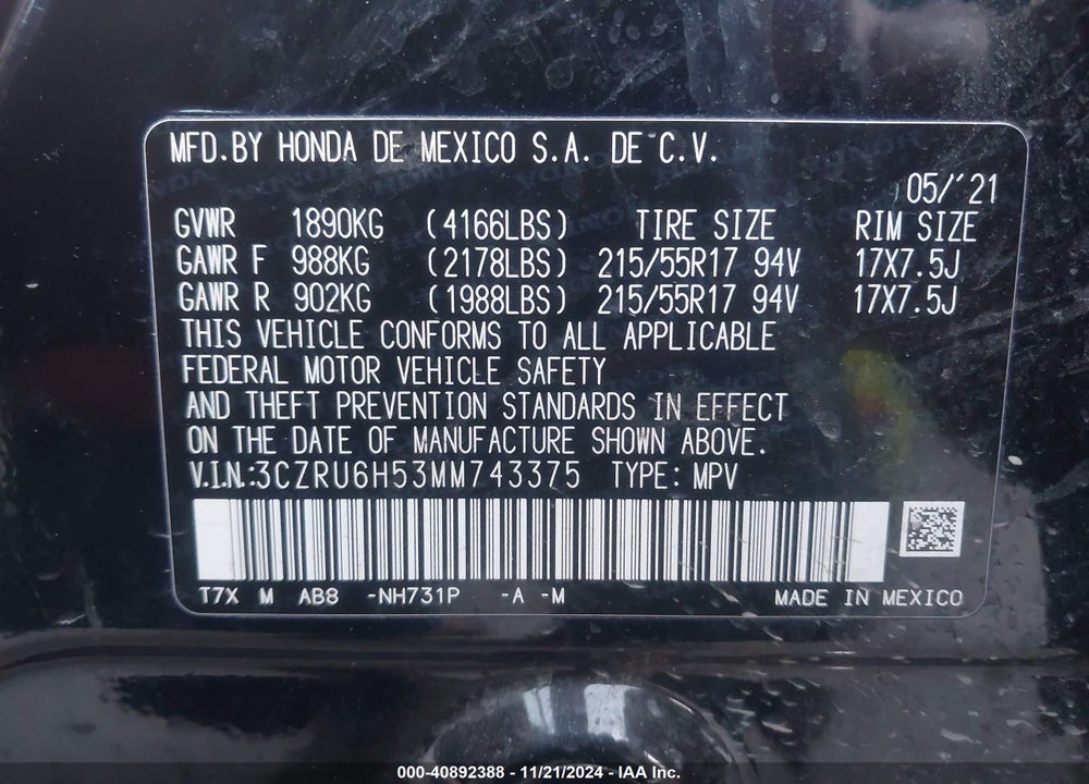 2021 HONDA HR-V AWD EX VIN: 3CZRU6H53MM743375