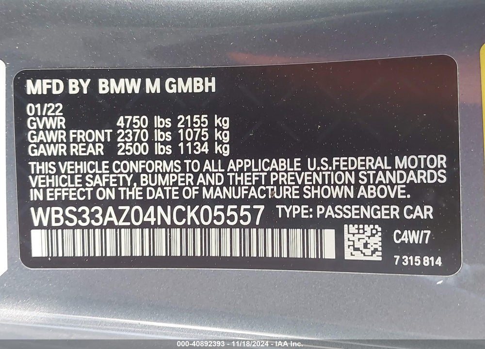 2022 BMW M4 COMPETITION VIN: WBS33AZ04NCK05557