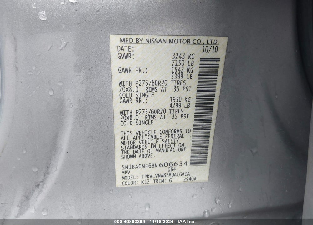 2011 NISSAN ARMADA PLATINUM VIN: 5N1BA0NF6BN606634