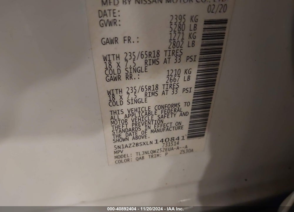 2020 NISSAN MURANO SV INTELLIGENT AWD VIN: 5N1AZ2BSXLN140841