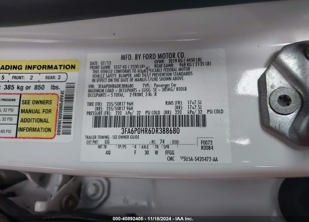 2013 FORD FUSION SE VIN: 3FA6P0HR6DR388680