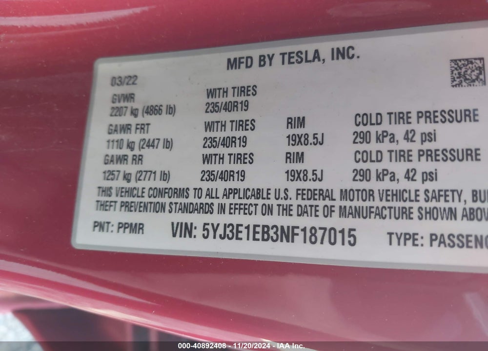 2022 TESLA MODEL 3 LONG RANGE DUAL MOTOR ALL-WHEEL DRIVE VIN: 5YJ3E1EB3NF187015
