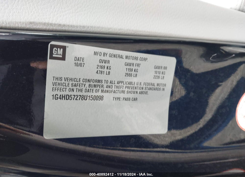 2008 BUICK LUCERNE CXL VIN: 1G4HD57278U150098