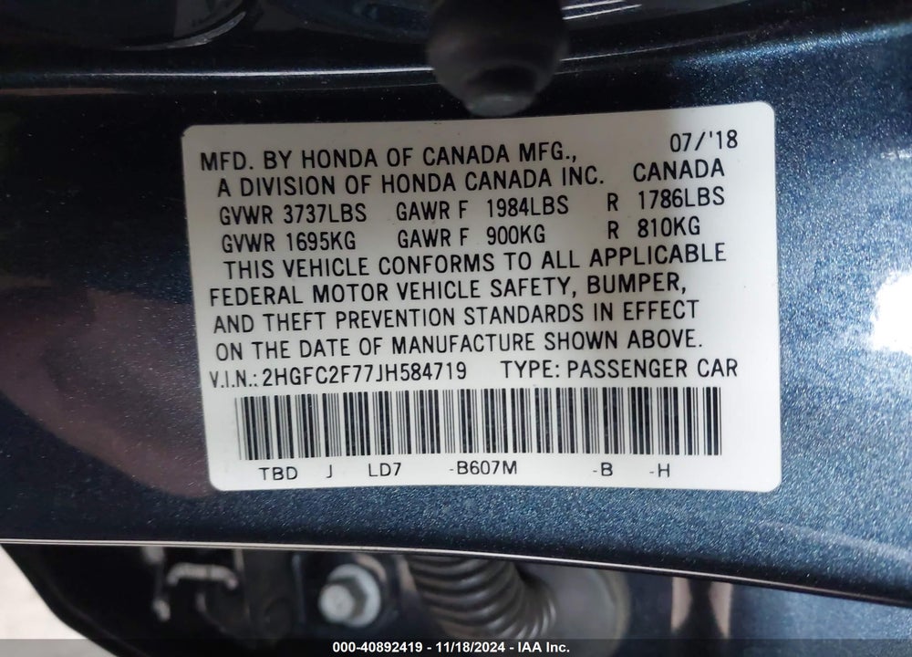 2018 HONDA CIVIC EX VIN: 2HGFC2F77JH584719