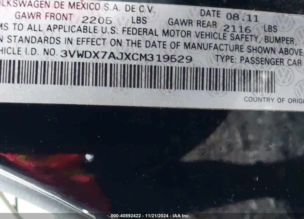 2012 VOLKSWAGEN JETTA SEDAN VIN: 3VWDX7AJXCM319529