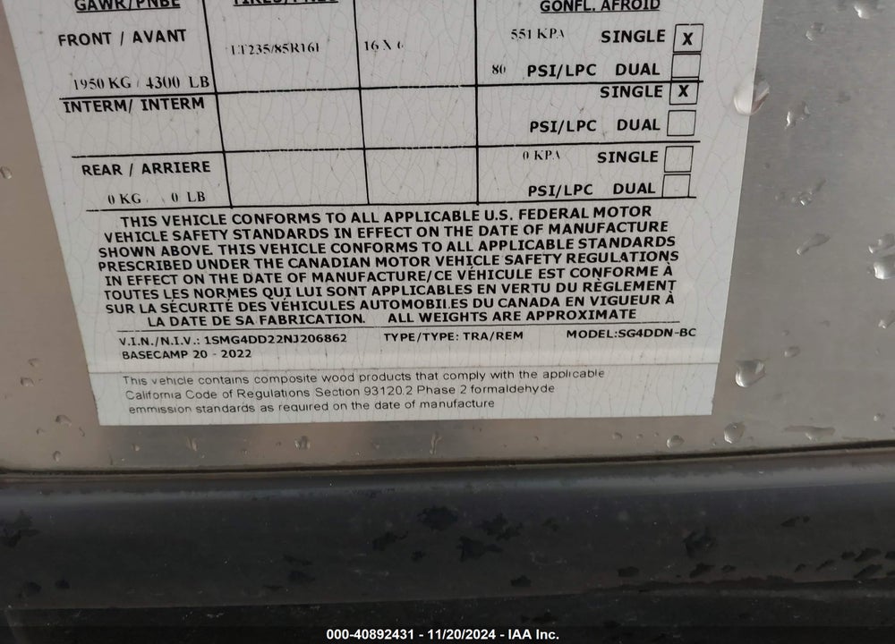 2022 AIRSTREAM OTHER VIN: 1SMG4DD22NJ206862