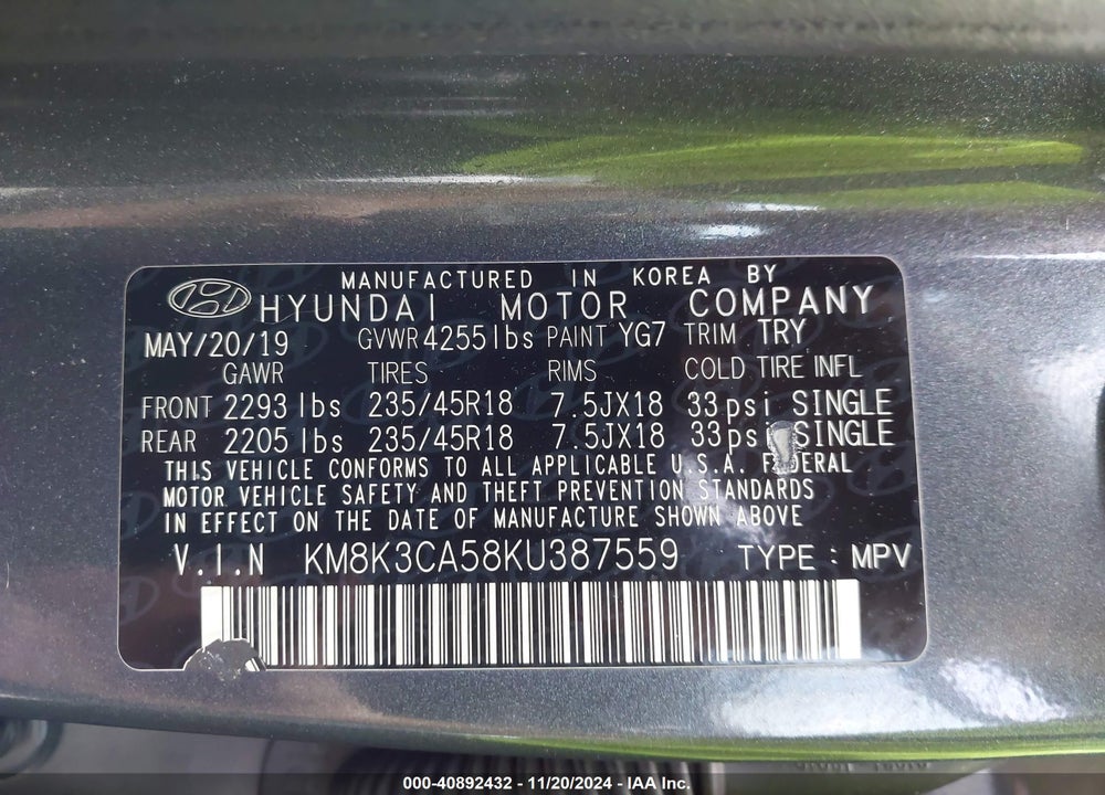 2019 HYUNDAI KONA LIMITED VIN: KM8K3CA58KU387559