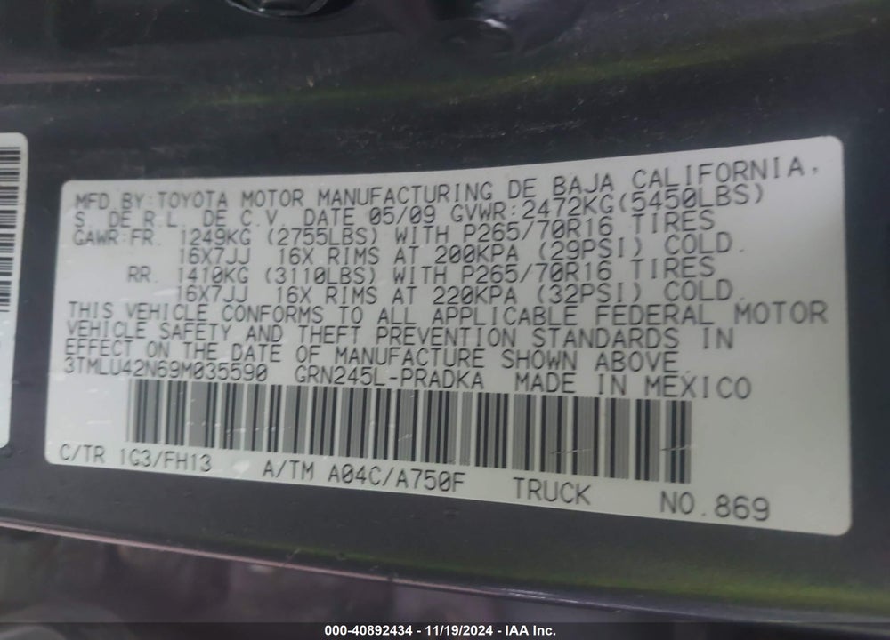 2009 TOYOTA TACOMA DOUBLE CAB VIN: 3TMLU42N69M035590