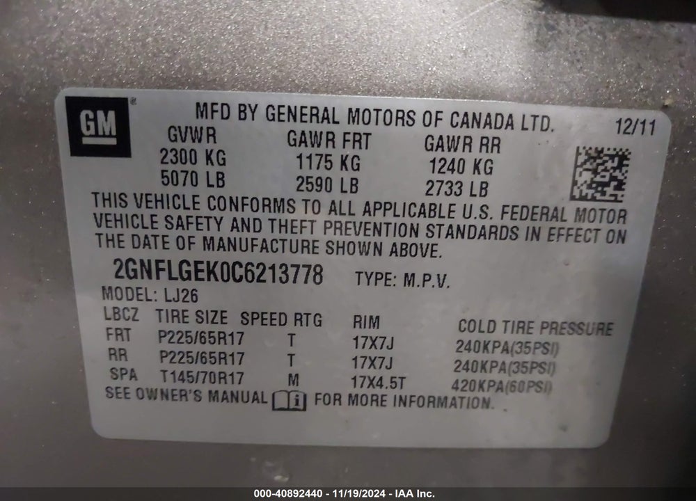 2012 CHEVROLET EQUINOX LTZ VIN: 2GNFLGEK0C6213778