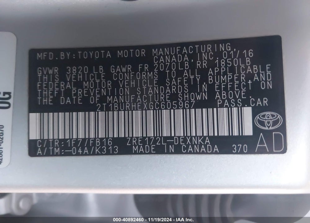 2016 TOYOTA COROLLA LE VIN: 2T1BURHEXGC605967