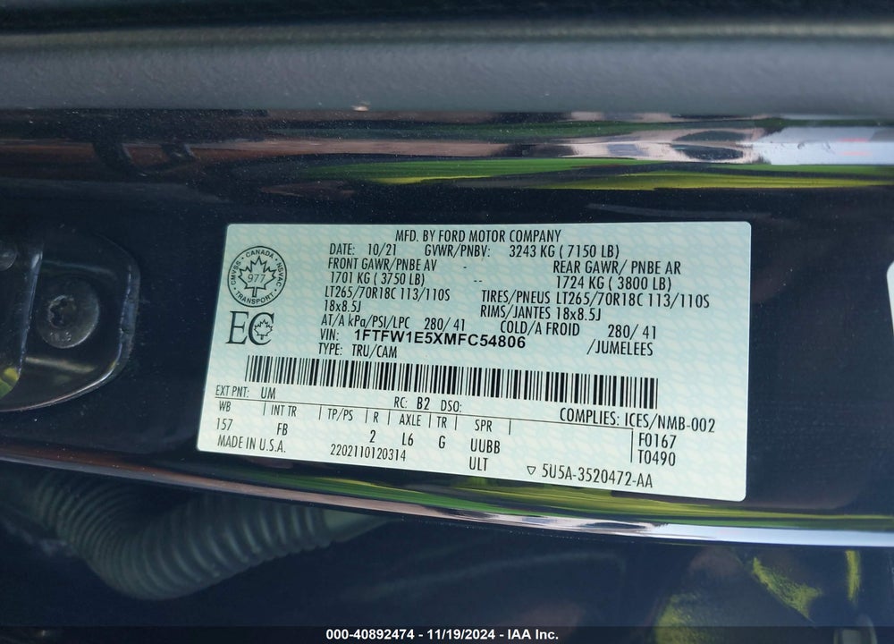 2021 FORD F-150 XLT VIN: 1FTFW1E5XMFC54806