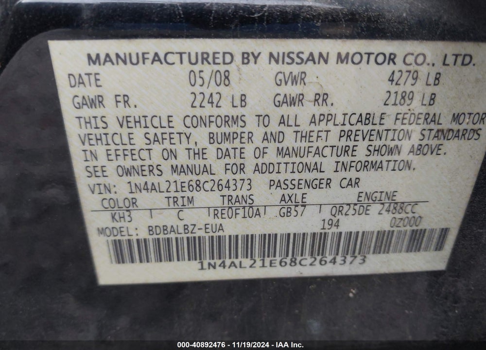 2008 NISSAN ALTIMA 2.5 S VIN: 1N4AL21E68C264373
