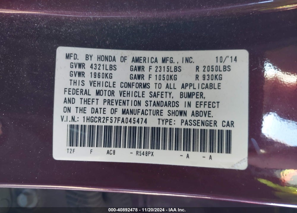 2015 HONDA ACCORD SPORT VIN: 1HGCR2F57FA045474