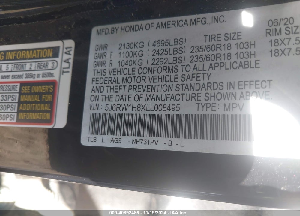 2020 HONDA CR-V 2WD EX-L VIN: 5J6RW1H8XLL008495