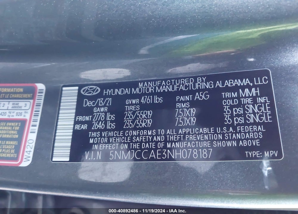 2022 HYUNDAI TUCSON SEL VIN: 5NMJCCAE3NH078187