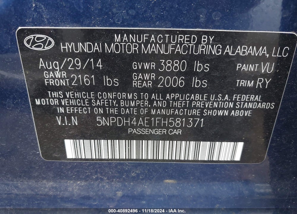 2015 HYUNDAI ELANTRA SE VIN: 5NPDH4AE1FH581371