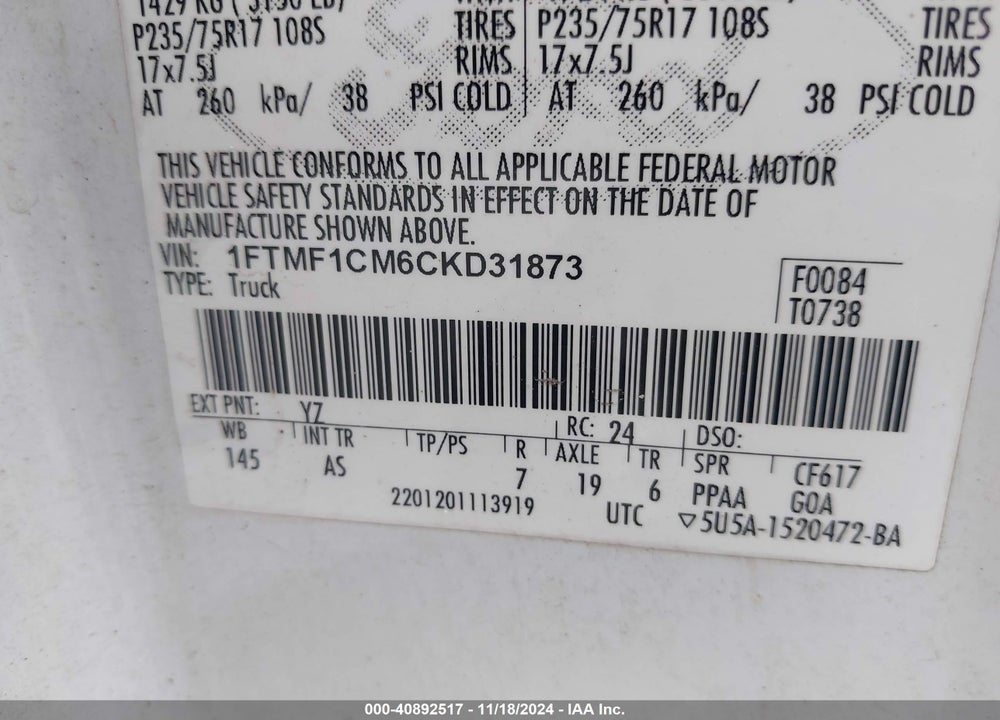 2012 FORD F-150 XL VIN: 1FTMF1CM6CKD31873