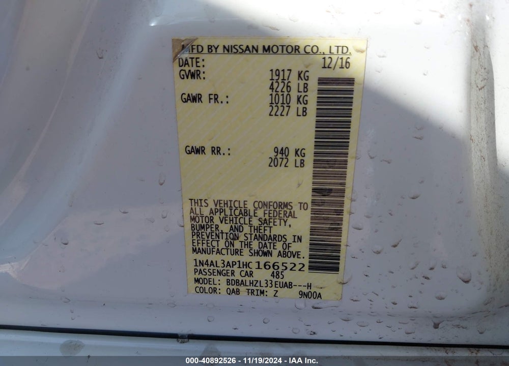 2017 NISSAN ALTIMA 2.5 SR VIN: 1N4AL3AP1HC166522