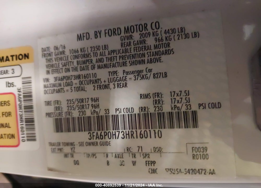 2017 FORD FUSION SE VIN: 3FA6P0H73HR160110