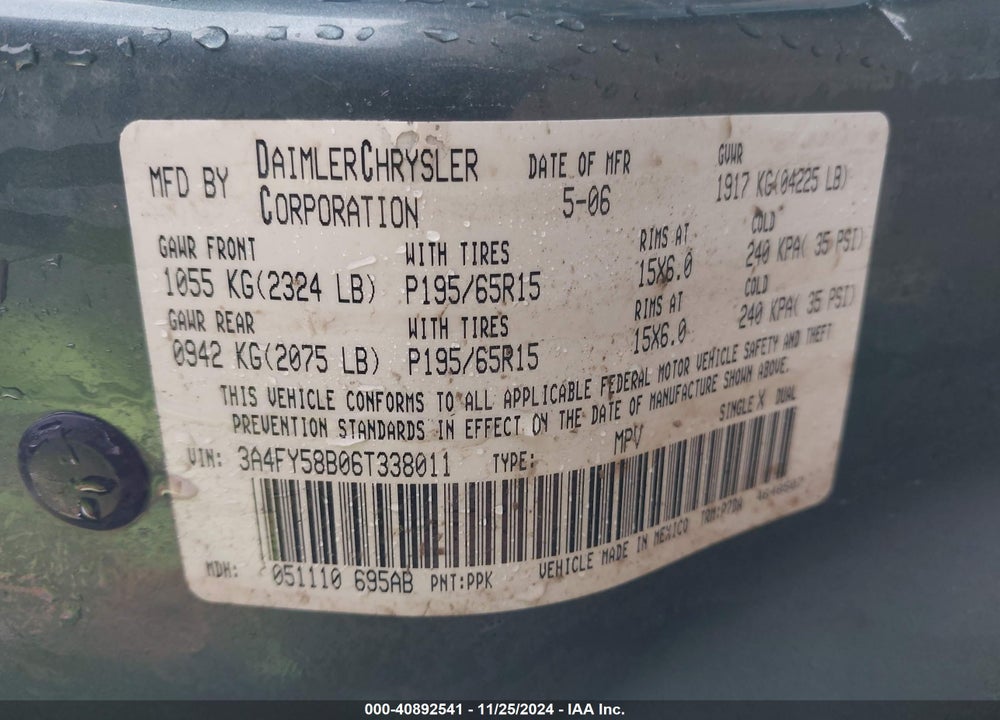 2006 CHRYSLER PT CRUISER VIN: 3A4FY58B06T338011