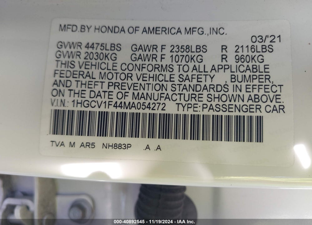 2021 HONDA ACCORD SPORT SPECIAL EDITION VIN: 1HGCV1F44MA054272