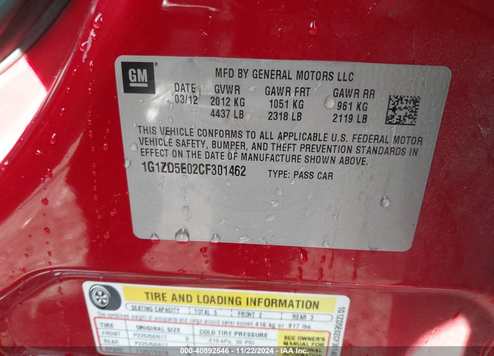2012 CHEVROLET MALIBU 2LT VIN: 1G1ZD5E02CF301462