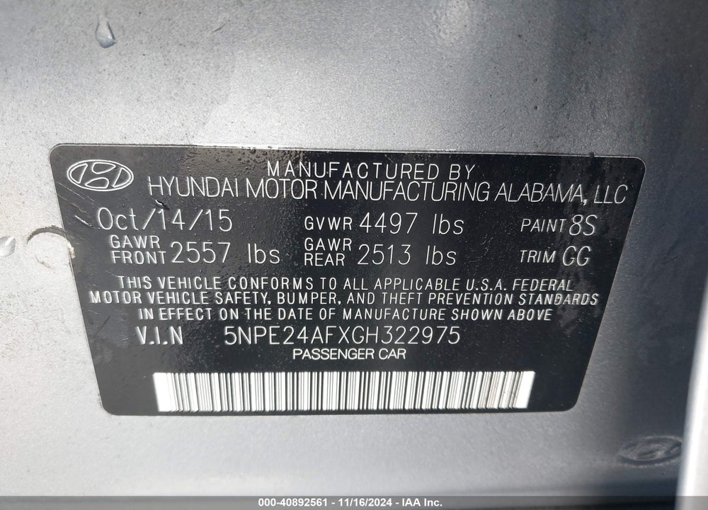 2016 HYUNDAI SONATA SE VIN: 5NPE24AFXGH322975