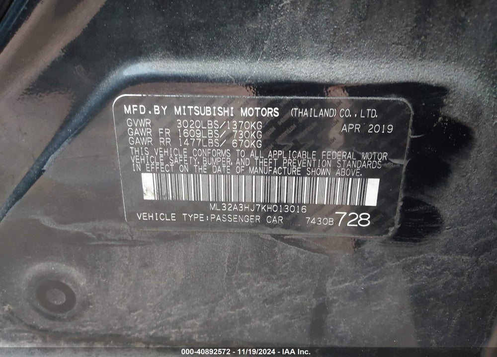 2019 MITSUBISHI MIRAGE VIN: ML32A3HJ7KH013016