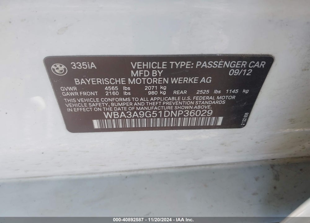 2013 BMW 335I VIN: WBA3A9G51DNP36029