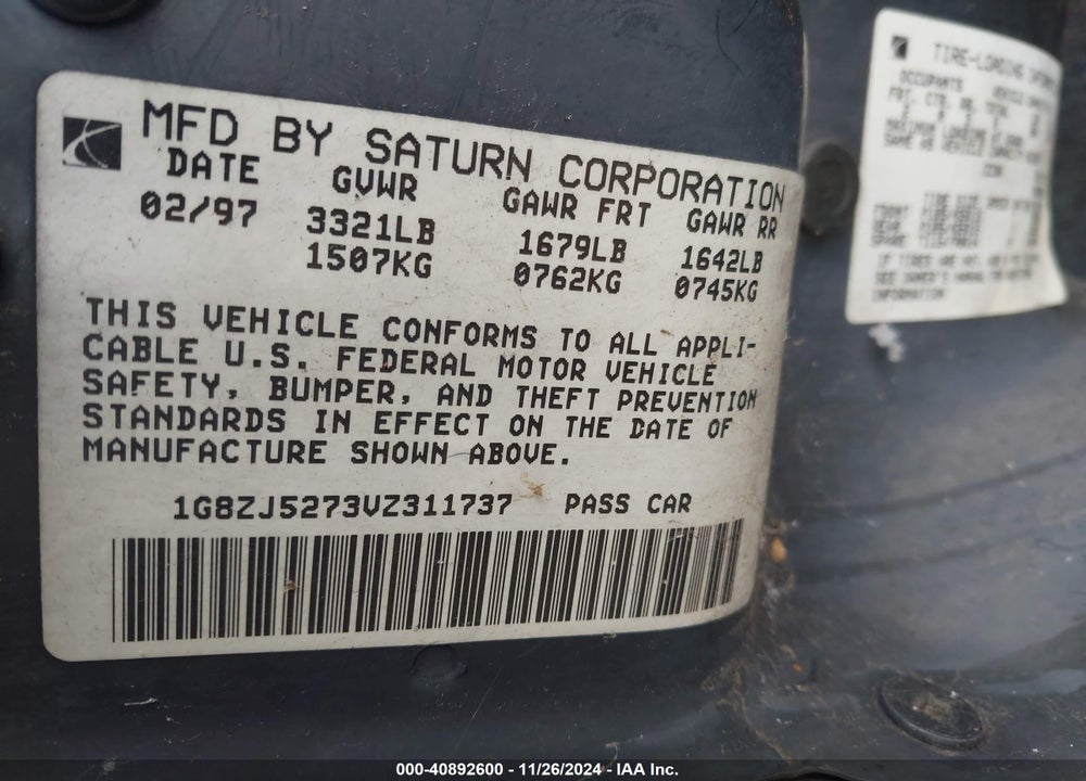 1997 SATURN SL SL2 VIN: 1G8ZJ5273VZ311737