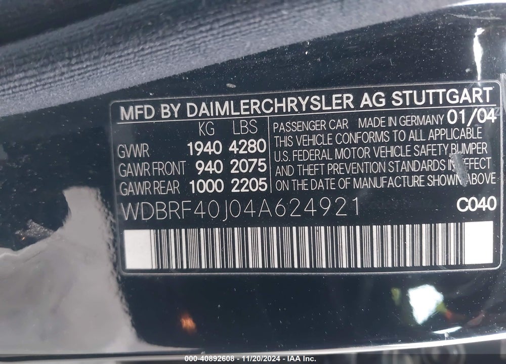 2004 MERCEDES-BENZ C 230 KOMPRESSOR SPORT/SPORT VIN: WDBRF40J04A624921