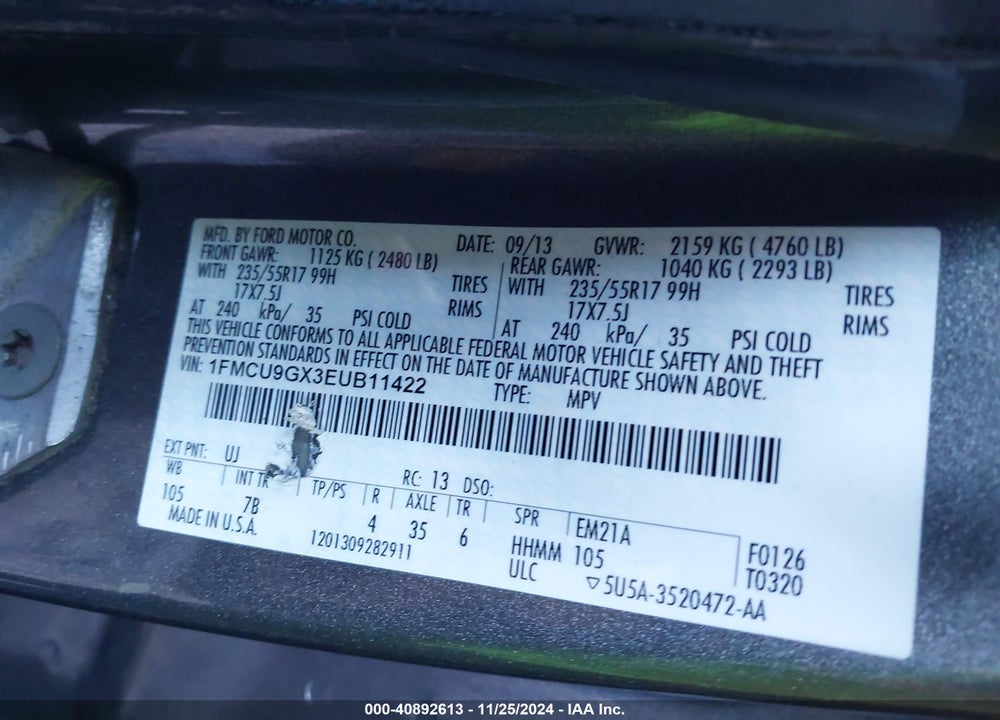 2014 FORD ESCAPE SE VIN: 1FMCU9GX3EUB11422