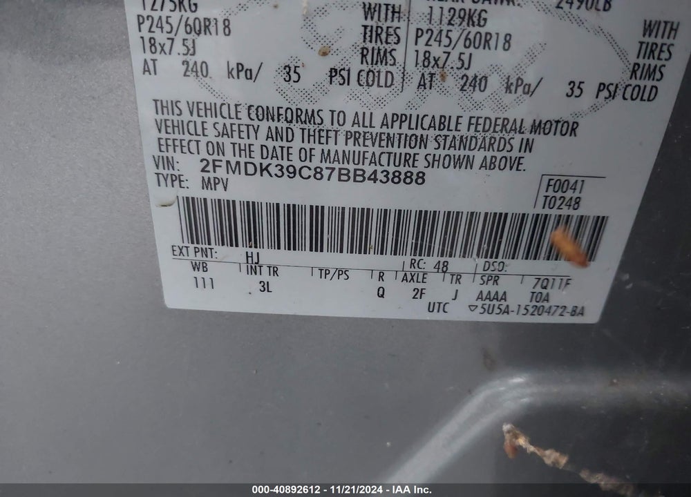 2007 FORD EDGE SEL PLUS VIN: 2FMDK39C87BB43888