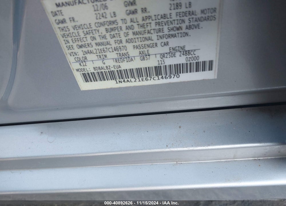 2007 NISSAN ALTIMA 2.5 S VIN: 1N4AL21E67C146970