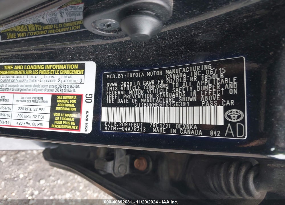 2015 TOYOTA COROLLA LE VIN: 2T1BURHE6FC456391