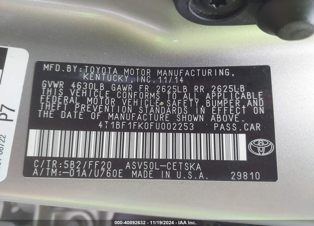 2015 TOYOTA CAMRY SE VIN: 4T1BF1FK0FU002253