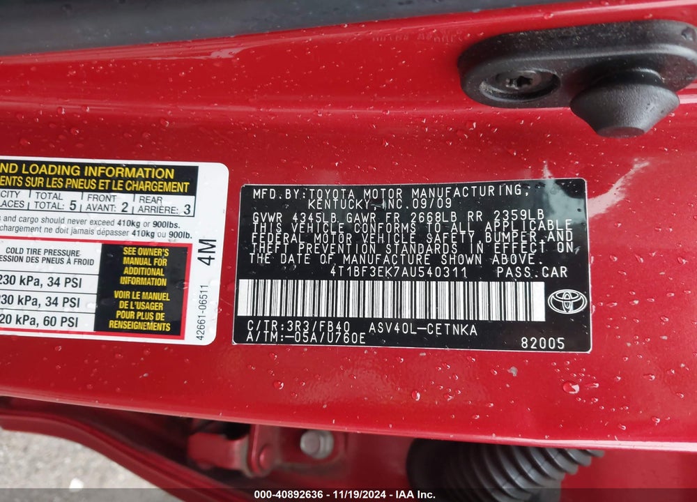 2010 TOYOTA CAMRY LE VIN: 4T1BF3EK7AU540311