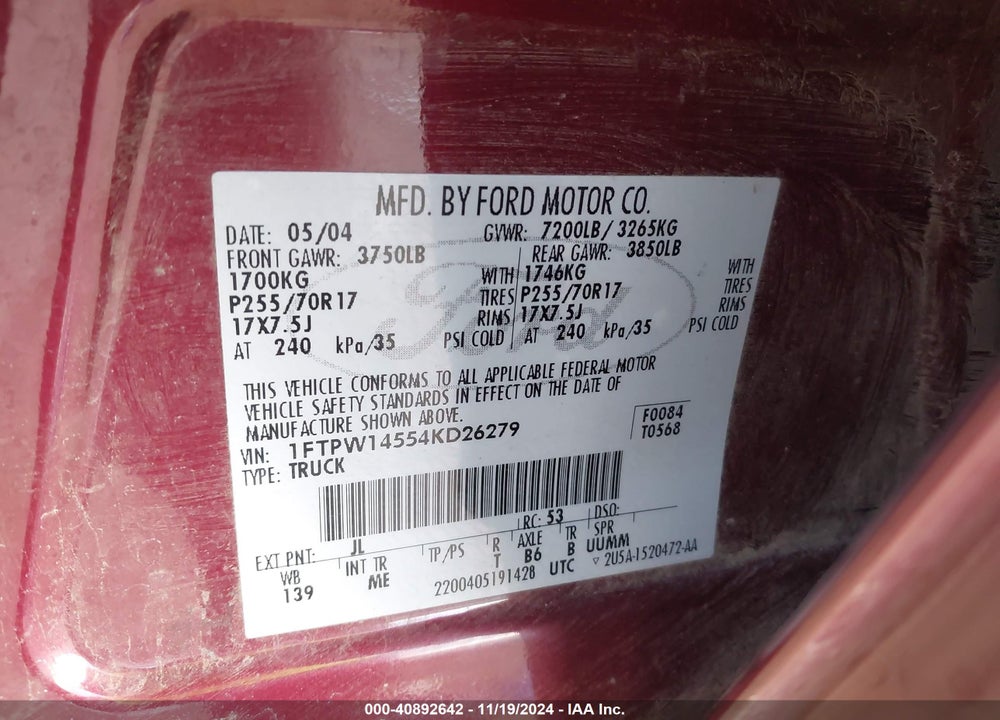 2004 FORD F-150 FX4/LARIAT/XLT VIN: 1FTPW14554KD26279