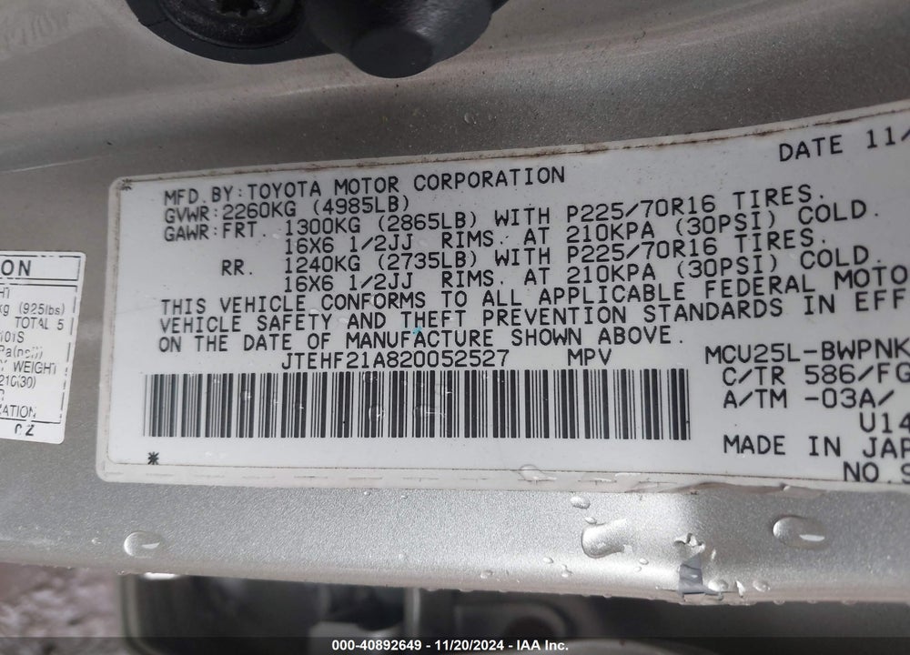 2002 TOYOTA HIGHLANDER V6 VIN: JTEHF21A820052527