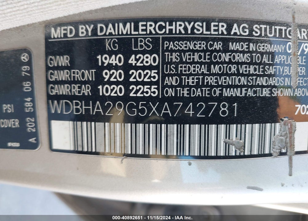 1999 MERCEDES-BENZ C 280 VIN: WDBHA29G5XA742781