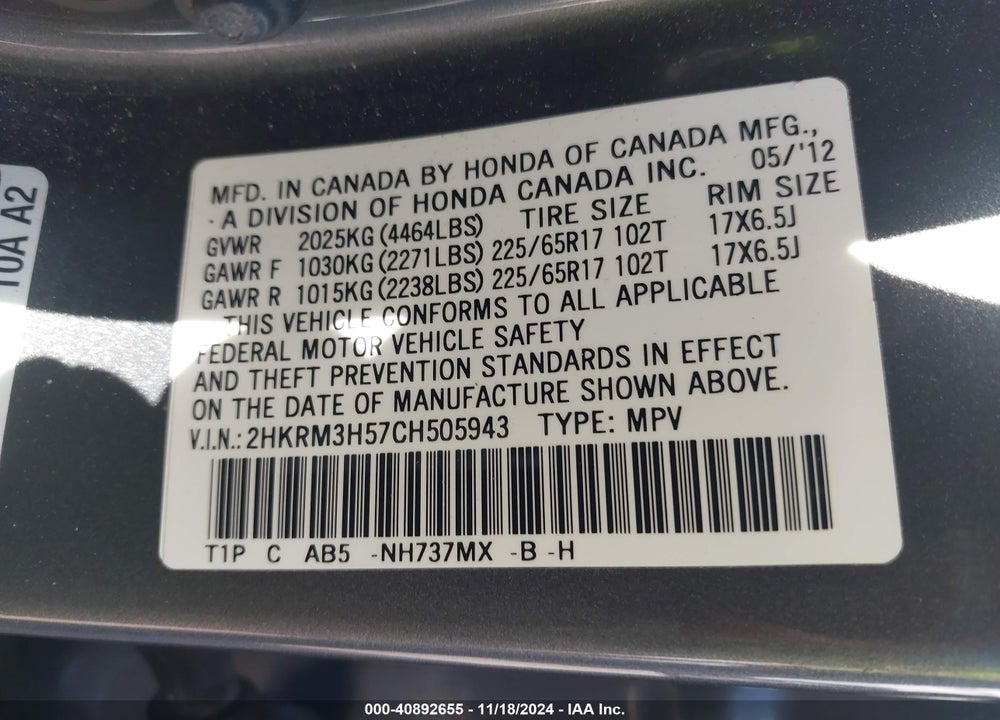 2012 HONDA CR-V EX VIN: 2HKRM3H57CH505943