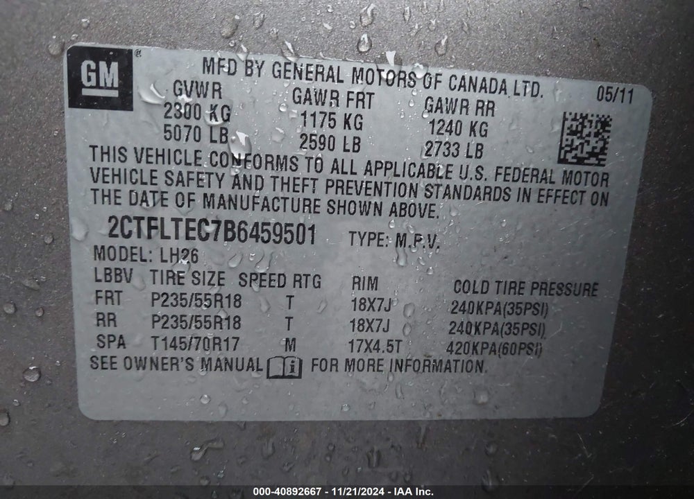 2011 GMC TERRAIN SLE-2 VIN: 2CTFLTEC7B6459501