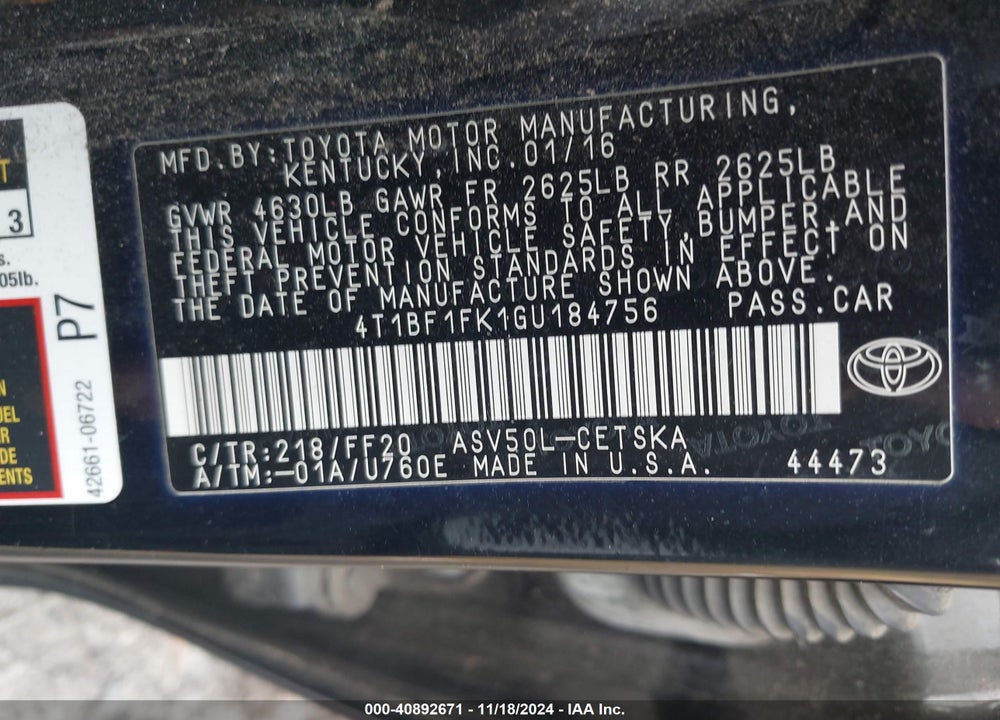 2016 TOYOTA CAMRY VIN: 4T1BF1FK1GU184756