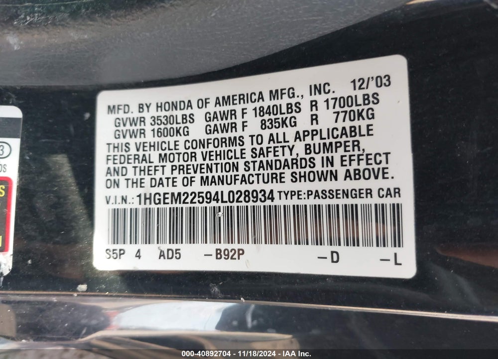 2004 HONDA CIVIC LX VIN: 1HGEM22594L028934