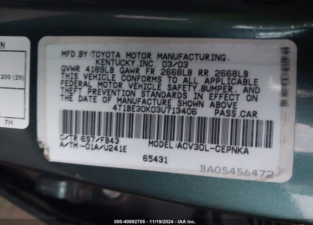 2003 TOYOTA CAMRY LE VIN: 4T1BE30K03U713406