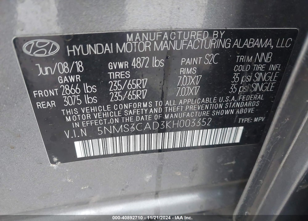2019 HYUNDAI SANTA FE SEL VIN: 5NMS3CAD3KH003352