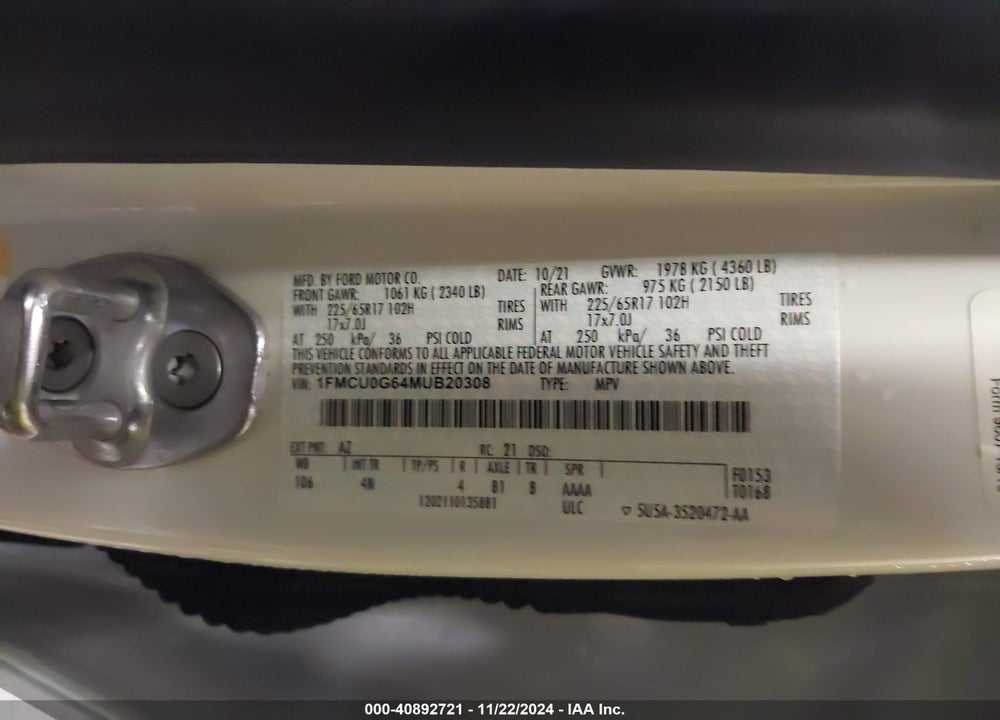2021 FORD ESCAPE SE VIN: 1FMCU0G64MUB20308