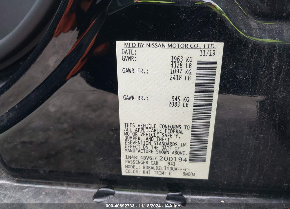2020 NISSAN ALTIMA S FWD VIN: 1N4BL4BV6LC200194