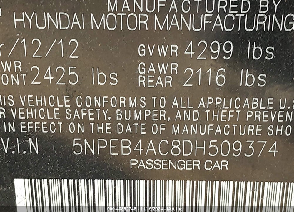2013 HYUNDAI SONATA GLS VIN: 5NPEB4AC8DH509374