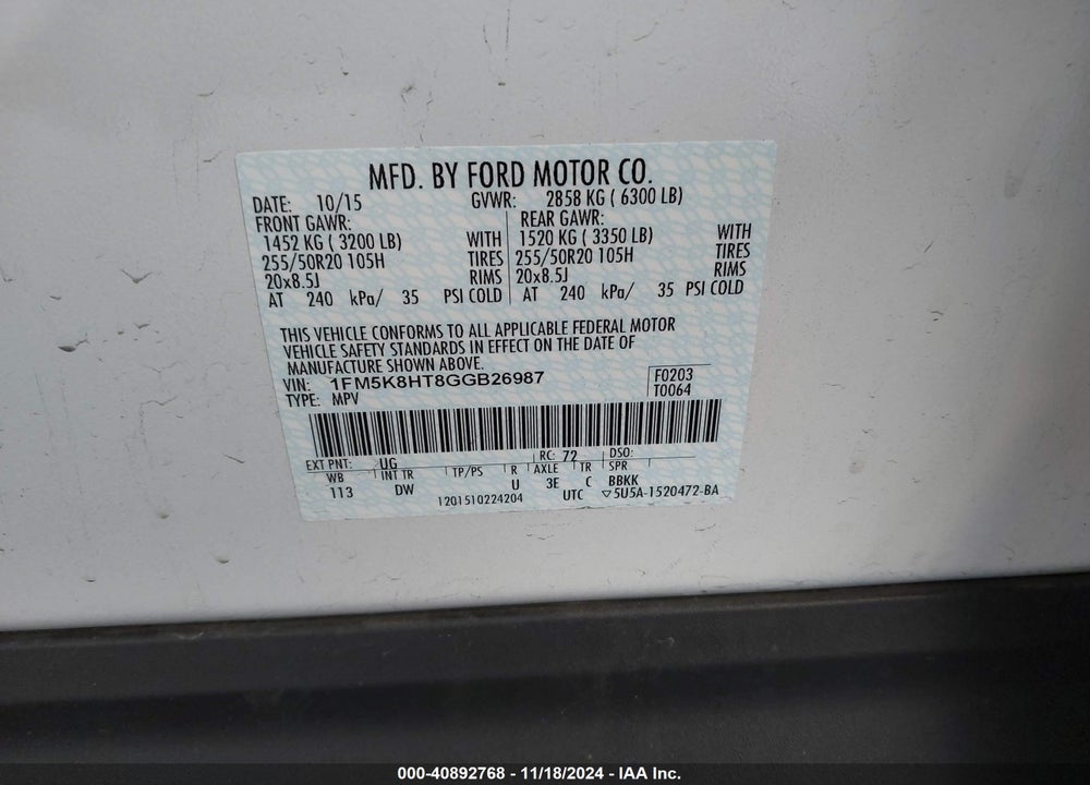 2016 FORD EXPLORER PLATINUM VIN: 1FM5K8HT8GGB26987